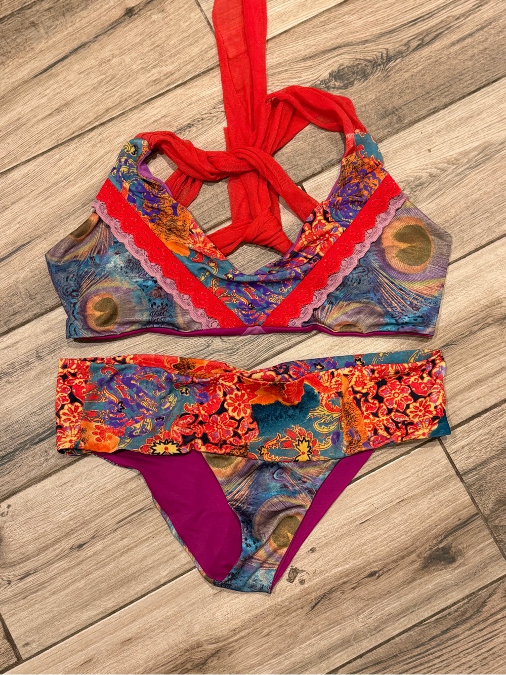 Women’s Multicolor Floral & Peacock Print Halter Bikini
